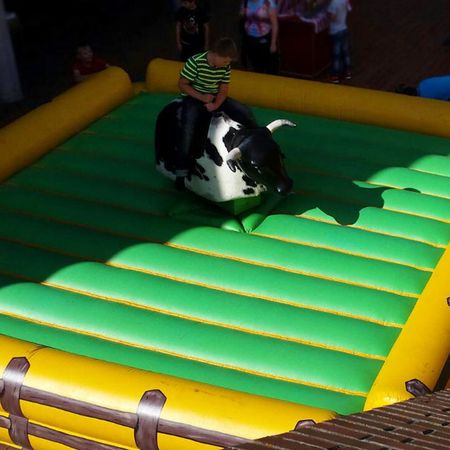 Mechanischer Bulle auf grün-gelber Luftkissenfläche, bereit für Rodeo-Reiten bei Tageslicht.