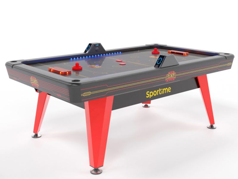 Ein Airhockey-Tisch mit roten Füßen und einer grauen Spielfläche.