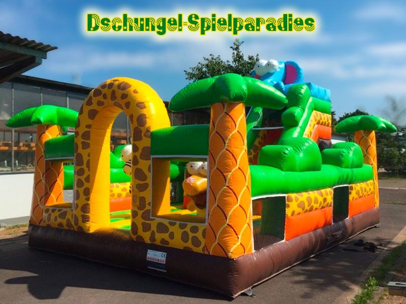 Aufblasbares Dschungel-Spielparadies mit Palmen, Tieren und Rutsche