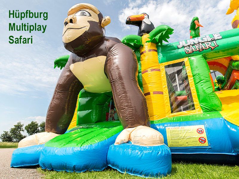 Safari Hüpfburg mit großem Affen am Eingang